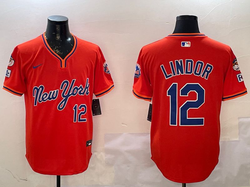 Men New York Mets 12 Lindor Orange Throwback Game Nike 2025 MLB Jersey style 2